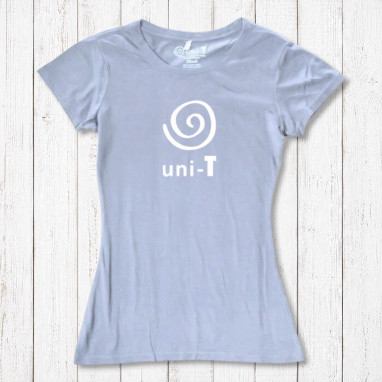 Women's Uni-T Logo T-Shirt in light lavender bamboo and organic cotton, featuring white spiral unity print, eco-conscious apparel.