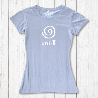 Women's Uni-T Logo T-Shirt in light lavender bamboo and organic cotton, featuring white spiral unity print, eco-conscious apparel.