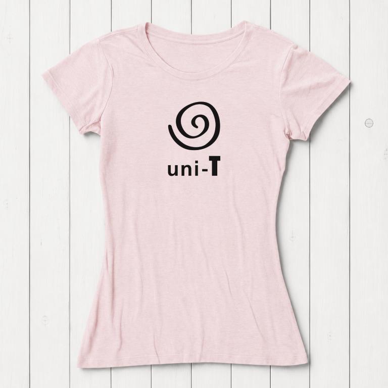 Women's Uni-T Logo T-Shirt in soft pink bamboo and organic cotton, with white spiral unity graphic, sustainable and stylish tee.