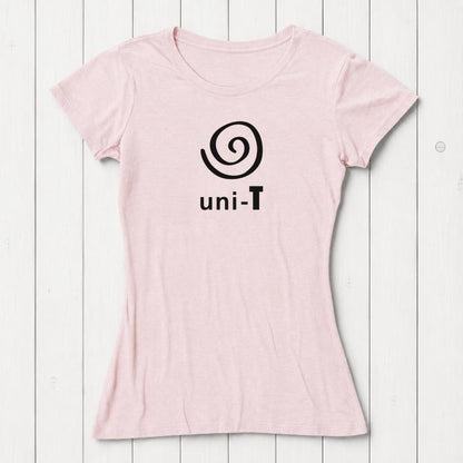 Women's Uni-T Logo T-Shirt in soft pink bamboo and organic cotton, with white spiral unity graphic, sustainable and stylish tee.