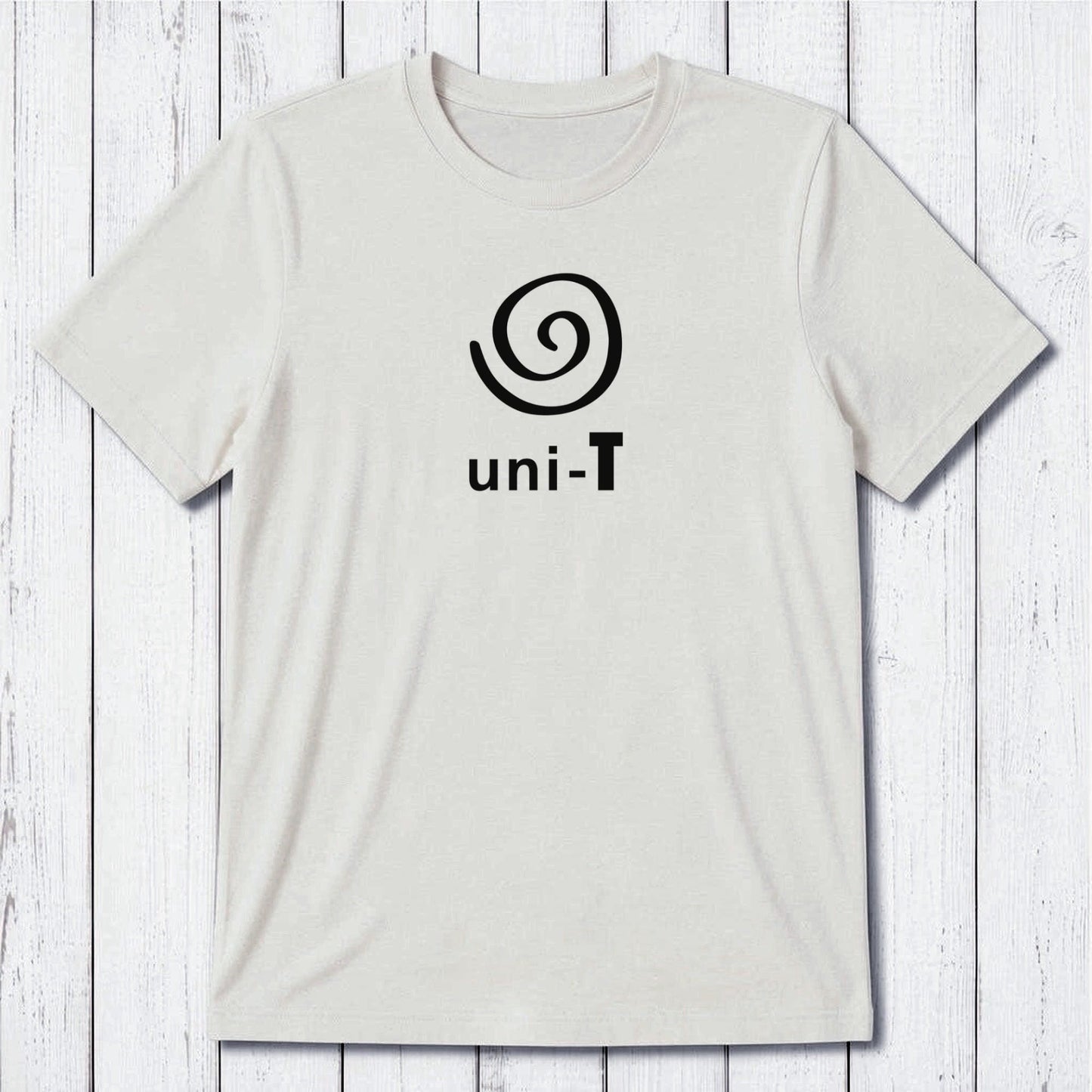 Men's Uni-T Logo T-Shirt in white bamboo and organic cotton with grey spiral print, eco-friendly unity message tee in classic fit.