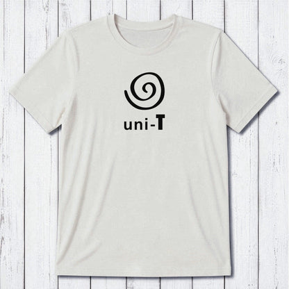 Men's Uni-T Logo T-Shirt in white bamboo and organic cotton with grey spiral print, eco-friendly unity message tee in classic fit.