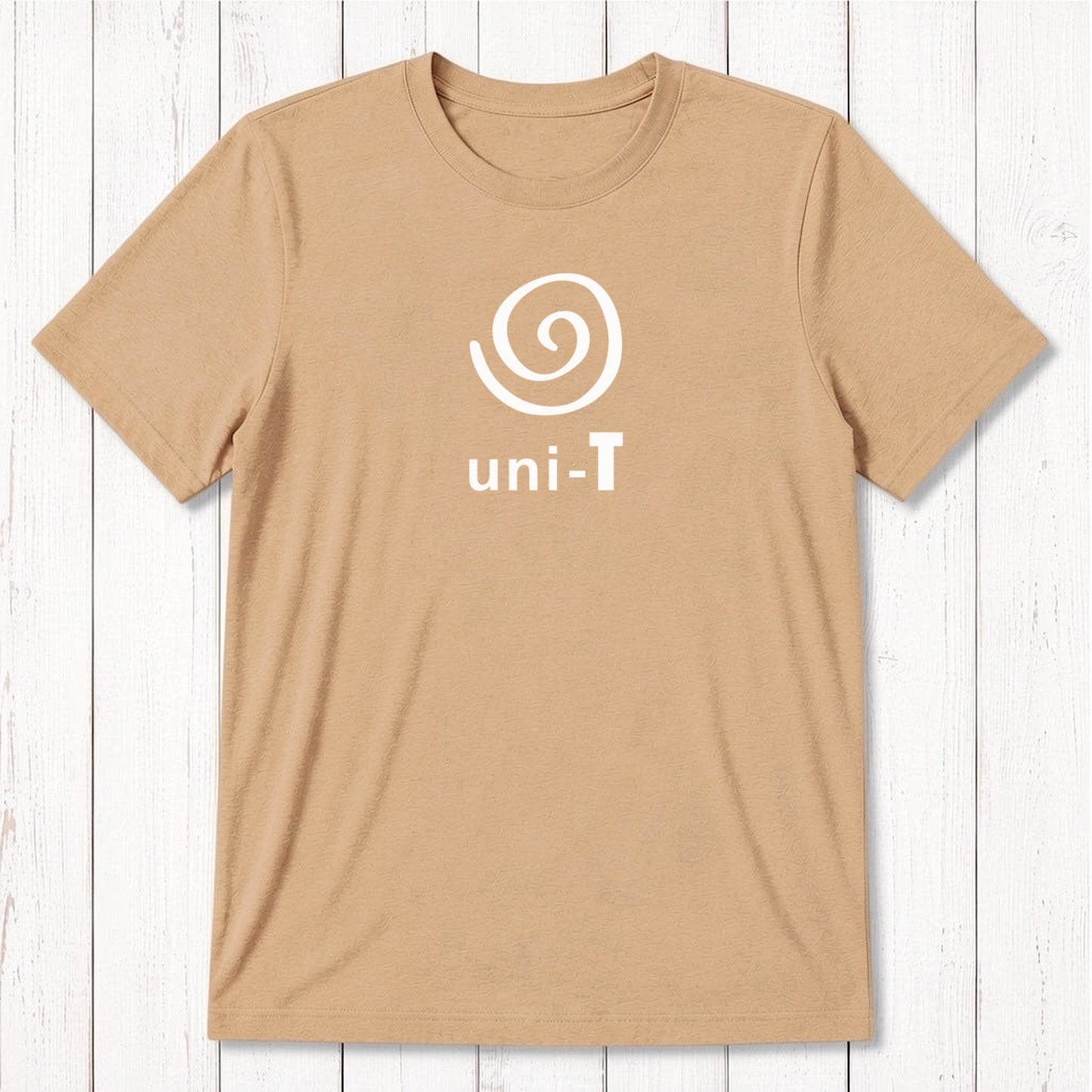 Mustard-yellow Men's Uni-T Logo T-Shirt made from bamboo and organic cotton, featuring white spiral unity design, sustainable casual wear.