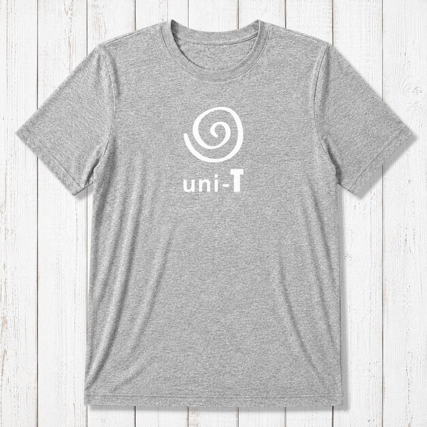 Slate grey Men's Uni-T Logo T-Shirt in bamboo and organic cotton, white spiral unity graphic, soft sustainable classic fit tee.