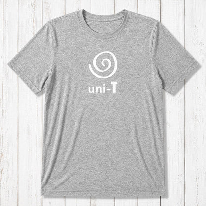 Slate grey Men's Uni-T Logo T-Shirt in bamboo and organic cotton, white spiral unity graphic, soft sustainable classic fit tee.