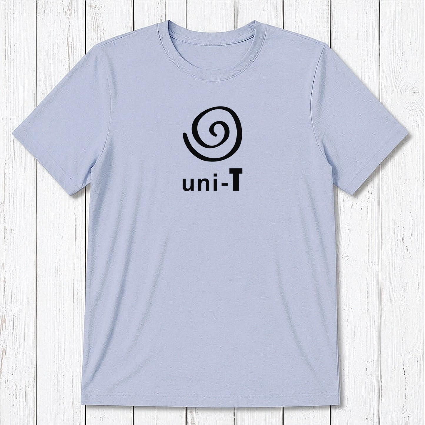 Light blue Men's Uni-T Logo T-Shirt crafted from bamboo and organic cotton, white spiral unity design, eco-conscious casual fashion.