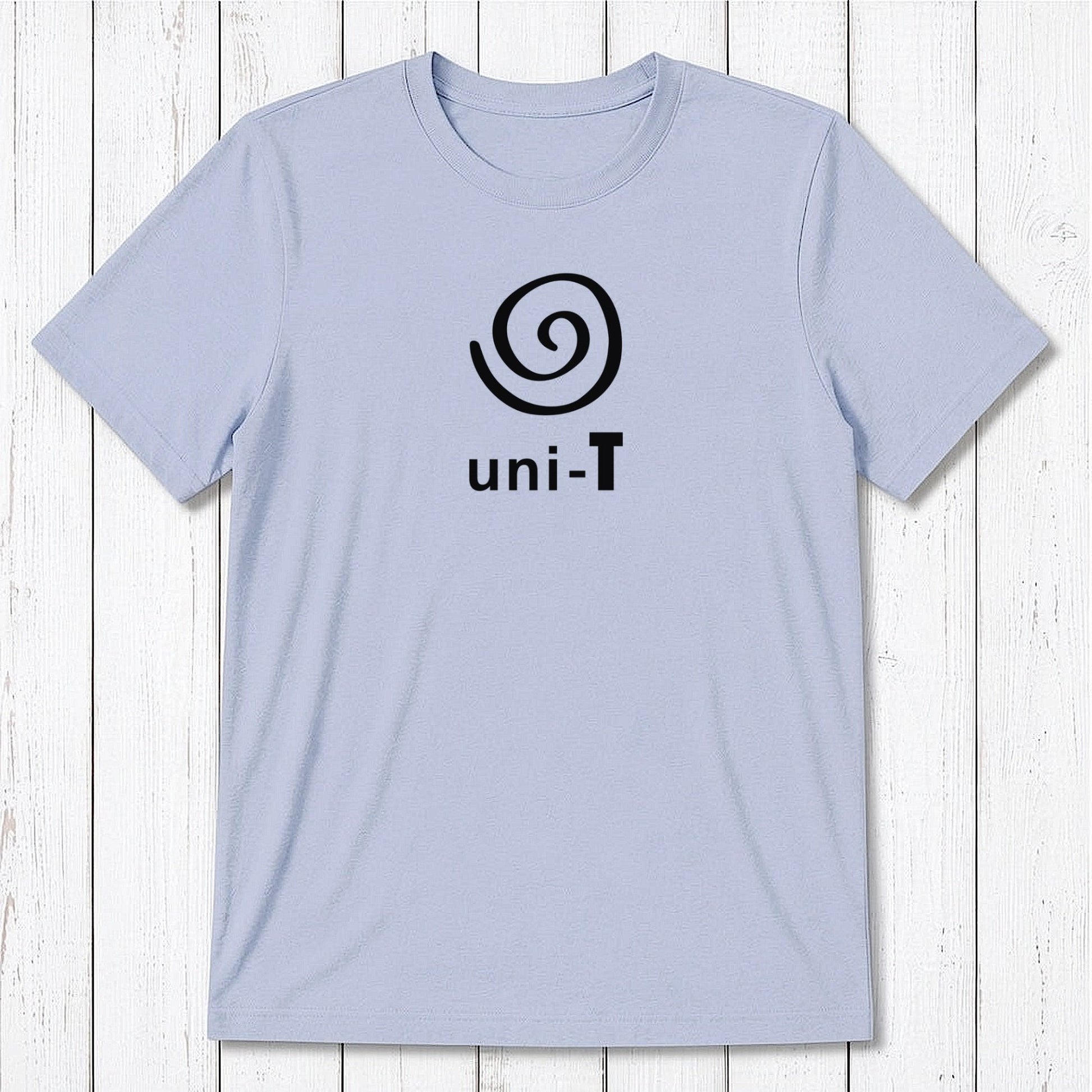 Light blue Men's Uni-T Logo T-Shirt crafted from bamboo and organic cotton, white spiral unity design, eco-conscious casual fashion.