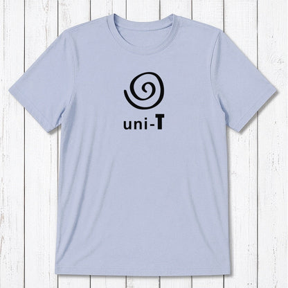 Light blue Men's Uni-T Logo T-Shirt crafted from bamboo and organic cotton, white spiral unity design, eco-conscious casual fashion.