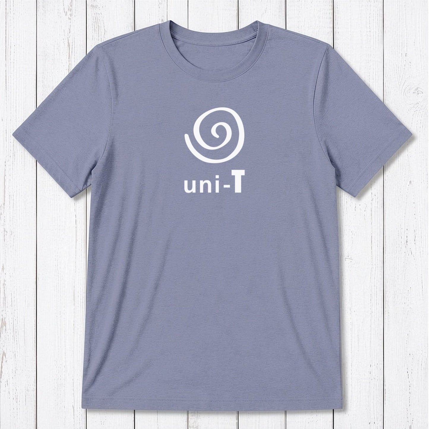 Ocean blue Men's Uni-T Logo T-Shirt in bamboo and organic cotton, white spiral unity print, sustainable and stylish gift for him.