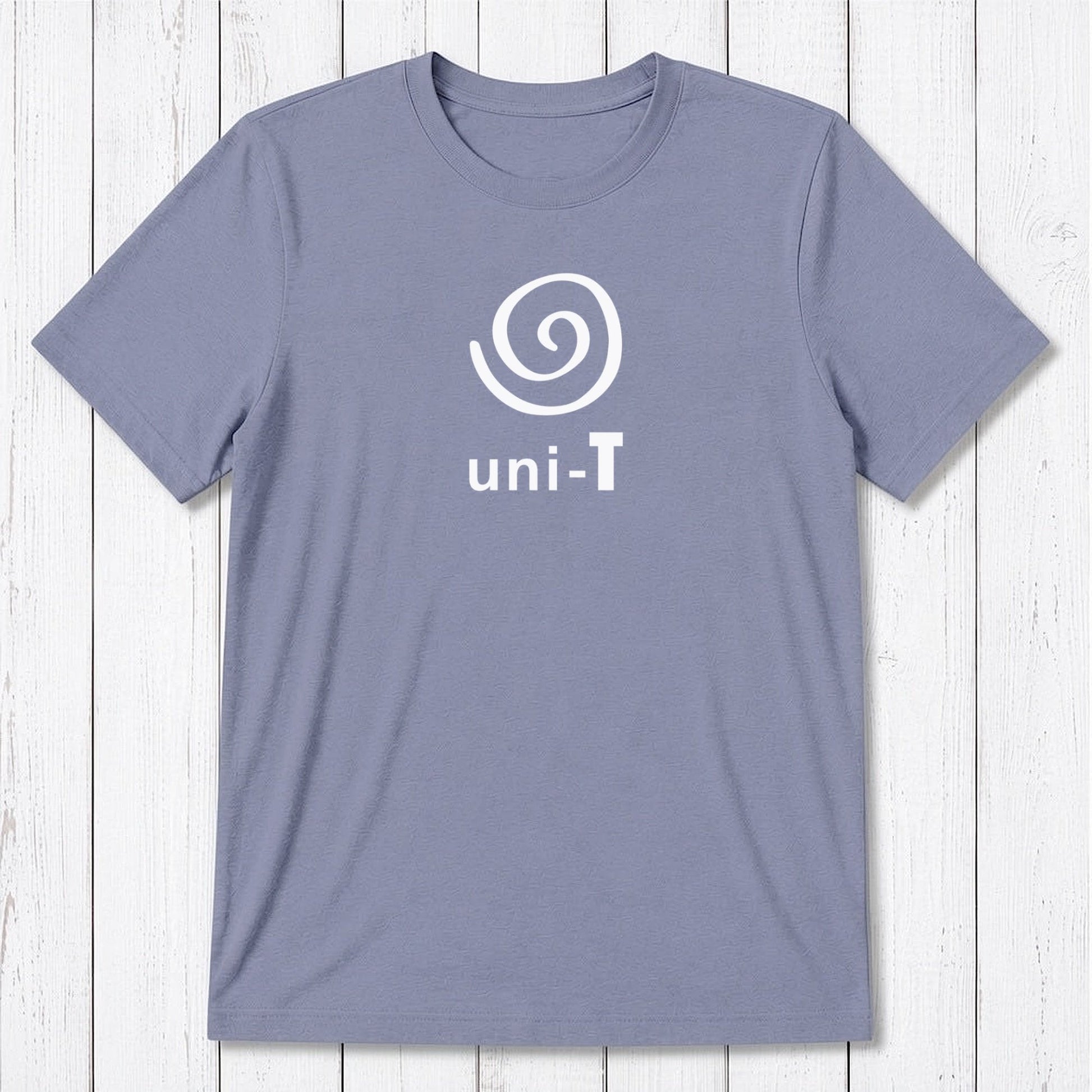 Ocean blue Men's Uni-T Logo T-Shirt in bamboo and organic cotton, white spiral unity print, sustainable and stylish gift for him.