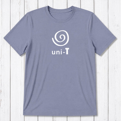 Ocean blue Men's Uni-T Logo T-Shirt in bamboo and organic cotton, white spiral unity print, sustainable and stylish gift for him.