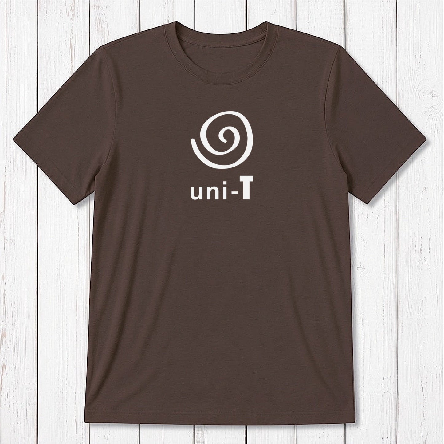 Light brown Men's Uni-T Logo T-Shirt with white spiral unity design, made from bamboo and organic cotton for sustainable comfort.