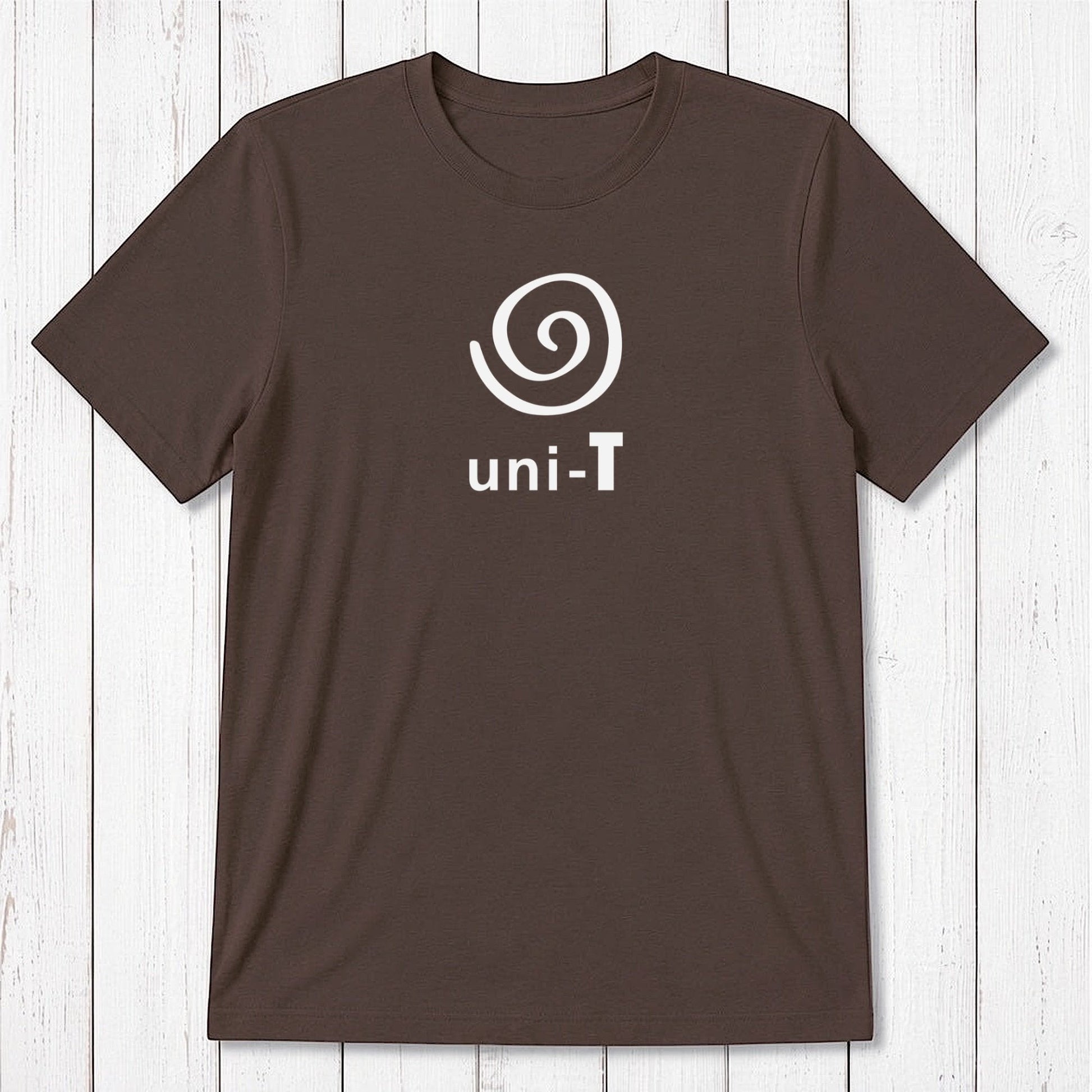 Light brown Men's Uni-T Logo T-Shirt with white spiral unity design, made from bamboo and organic cotton for sustainable comfort.