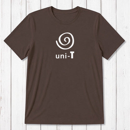 Light brown Men's Uni-T Logo T-Shirt with white spiral unity design, made from bamboo and organic cotton for sustainable comfort.
