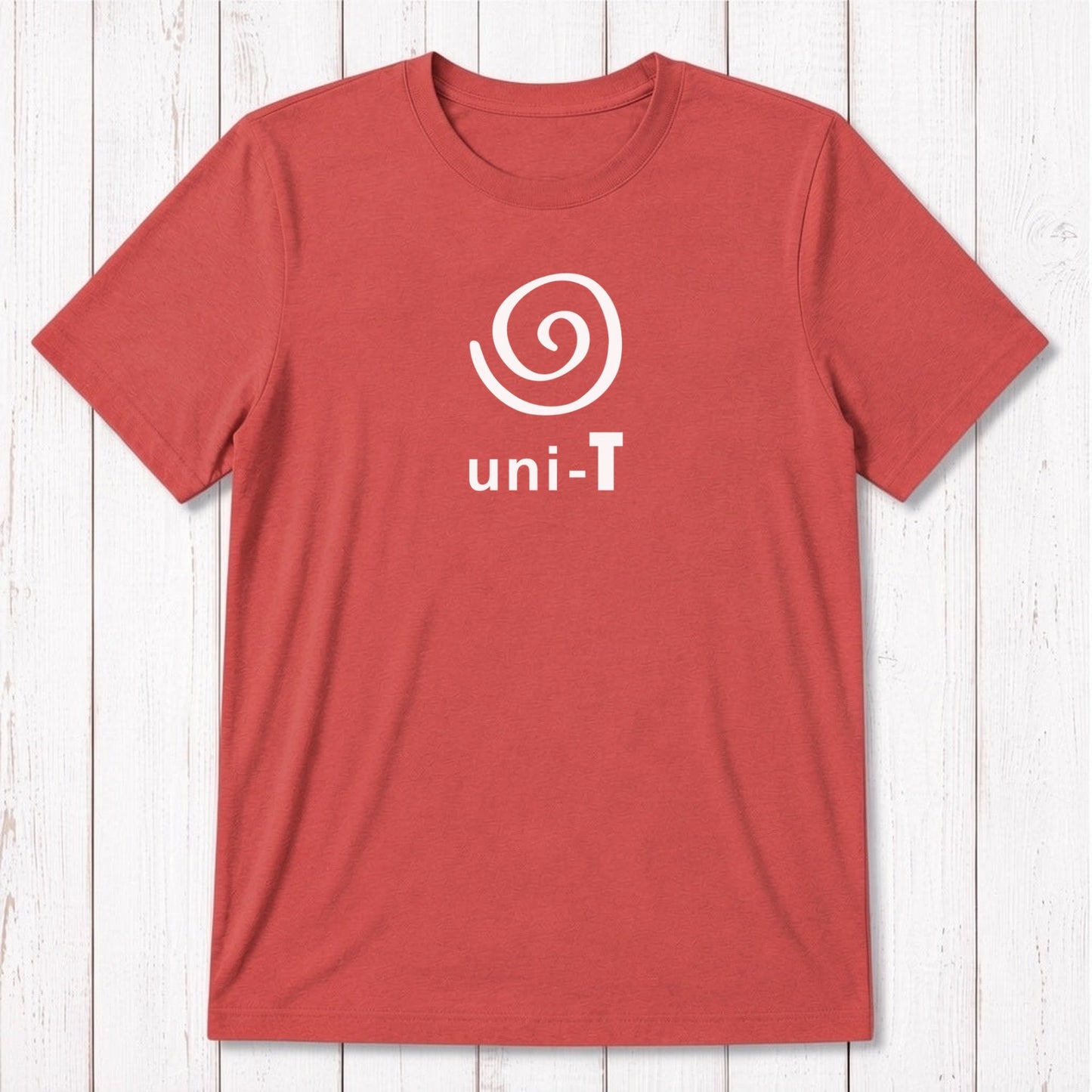 Red Men's Uni-T Logo T-Shirt in bamboo and organic cotton, featuring bold white spiral unity graphic, eco-friendly statement tee.