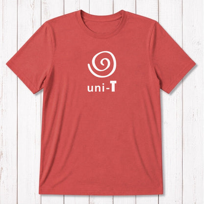 Red Men's Uni-T Logo T-Shirt in bamboo and organic cotton, featuring bold white spiral unity graphic, eco-friendly statement tee.