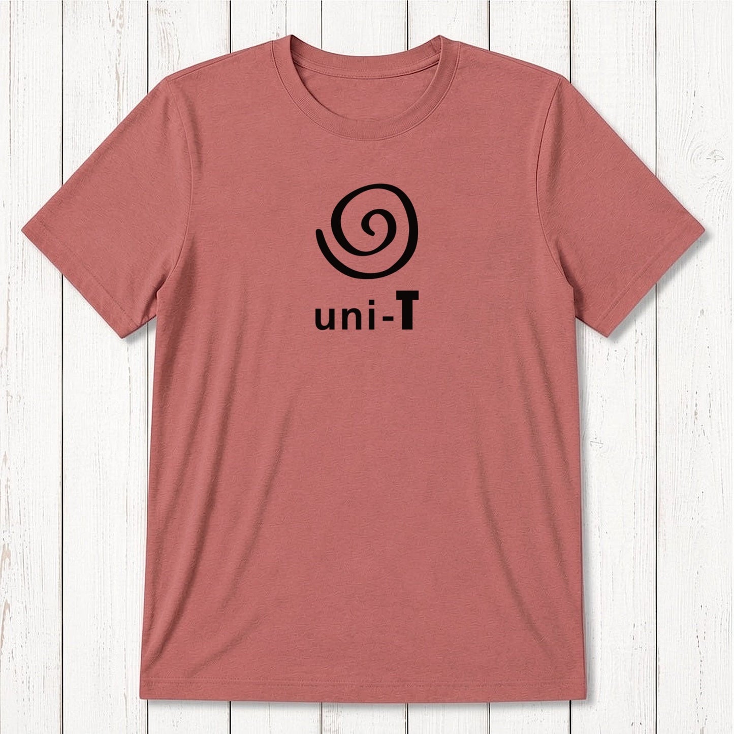 Red clay Men's Uni-T Logo T-Shirt with white spiral unity logo, crafted from bamboo and organic cotton, sustainable classic fit tee.