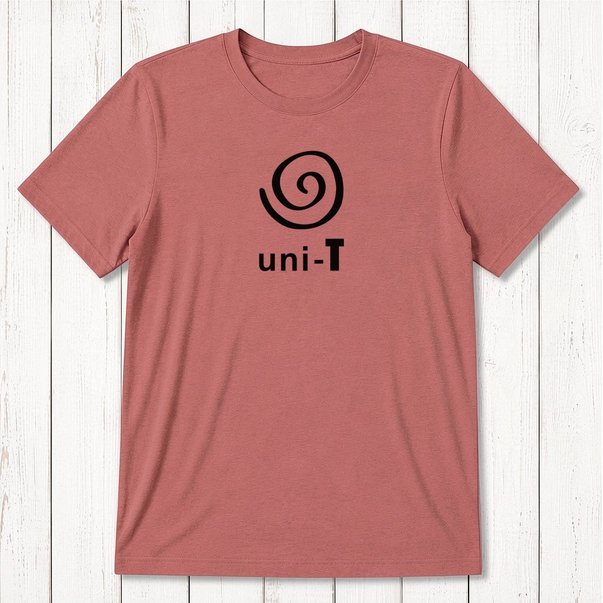 Red clay Men's Uni-T Logo T-Shirt with white spiral unity logo, crafted from bamboo and organic cotton, sustainable classic fit tee.