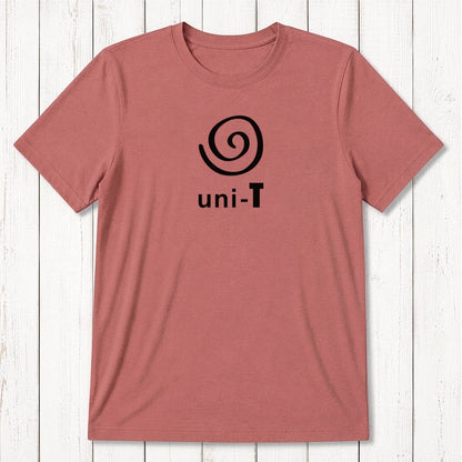 Red clay Men's Uni-T Logo T-Shirt with white spiral unity logo, crafted from bamboo and organic cotton, sustainable classic fit tee.