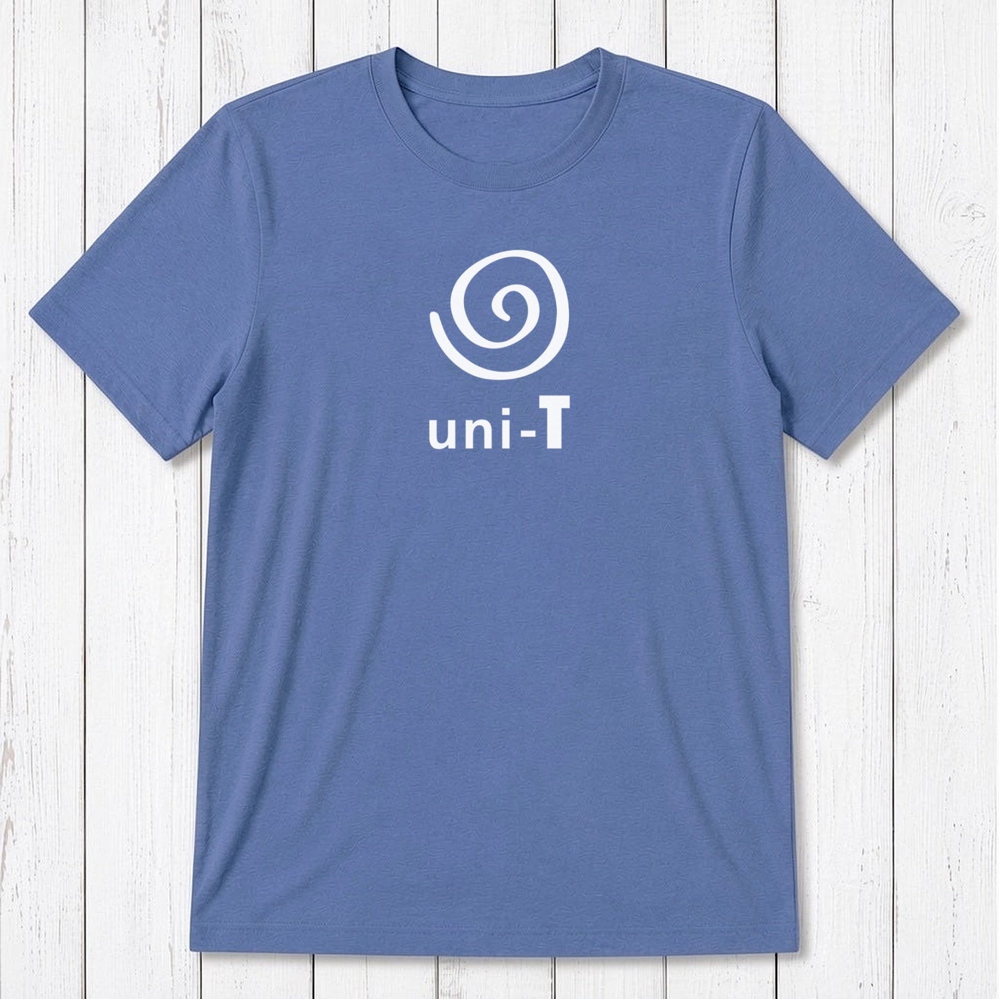 Blue Men's Uni-T Logo T-Shirt made from bamboo and organic cotton, white spiral unity graphic, sustainable and stylish gift idea.