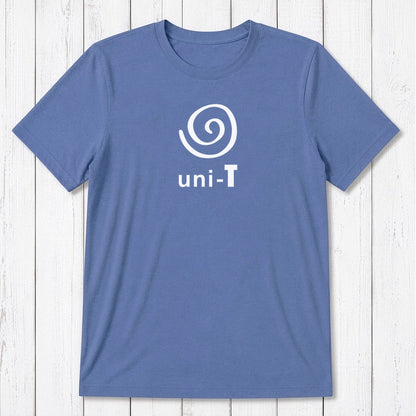 Blue Men's Uni-T Logo T-Shirt made from bamboo and organic cotton, white spiral unity graphic, sustainable and stylish gift idea.
