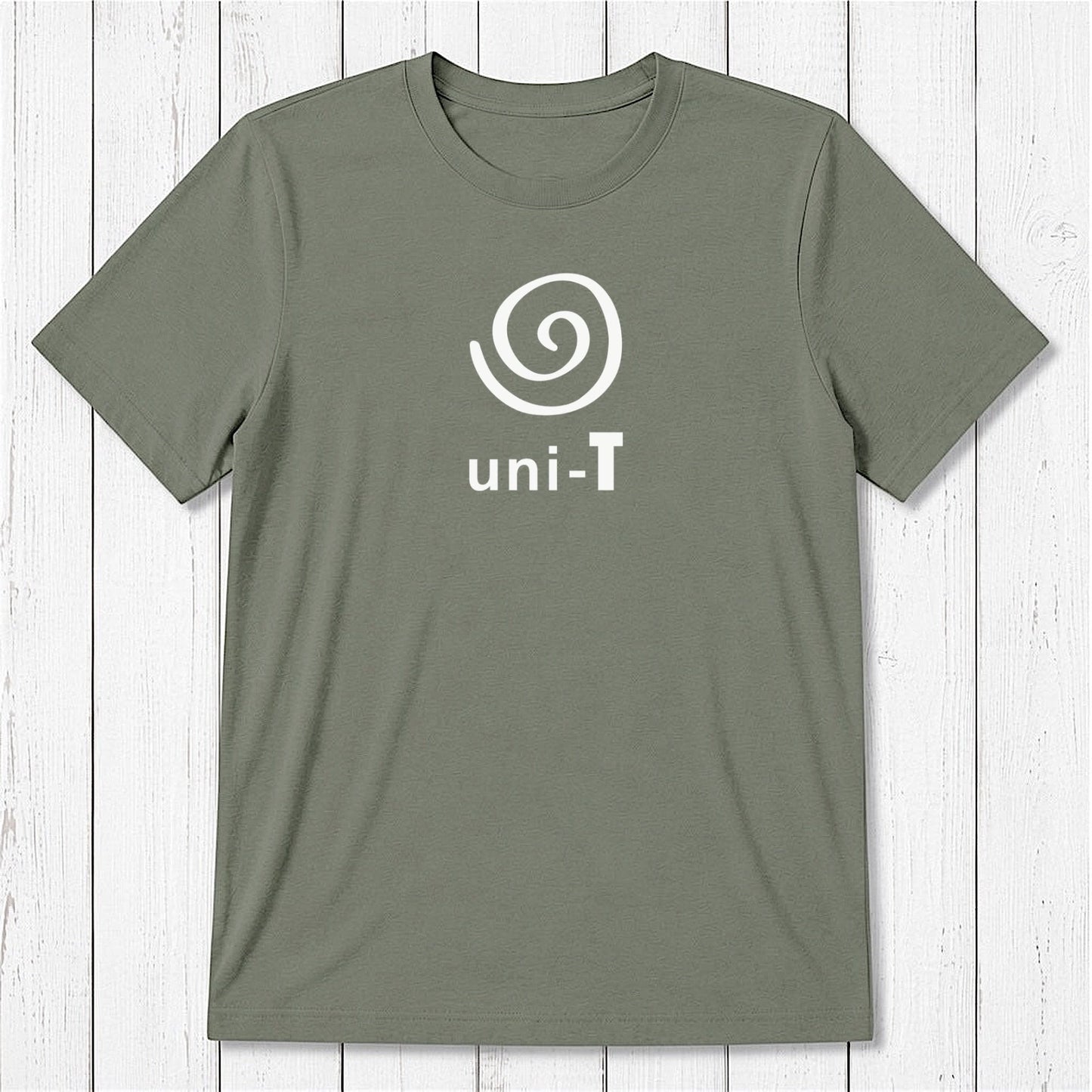 Olive green Men's Uni-T Logo T-Shirt in bamboo and organic cotton, white spiral unity design, eco-friendly casual statement tee.