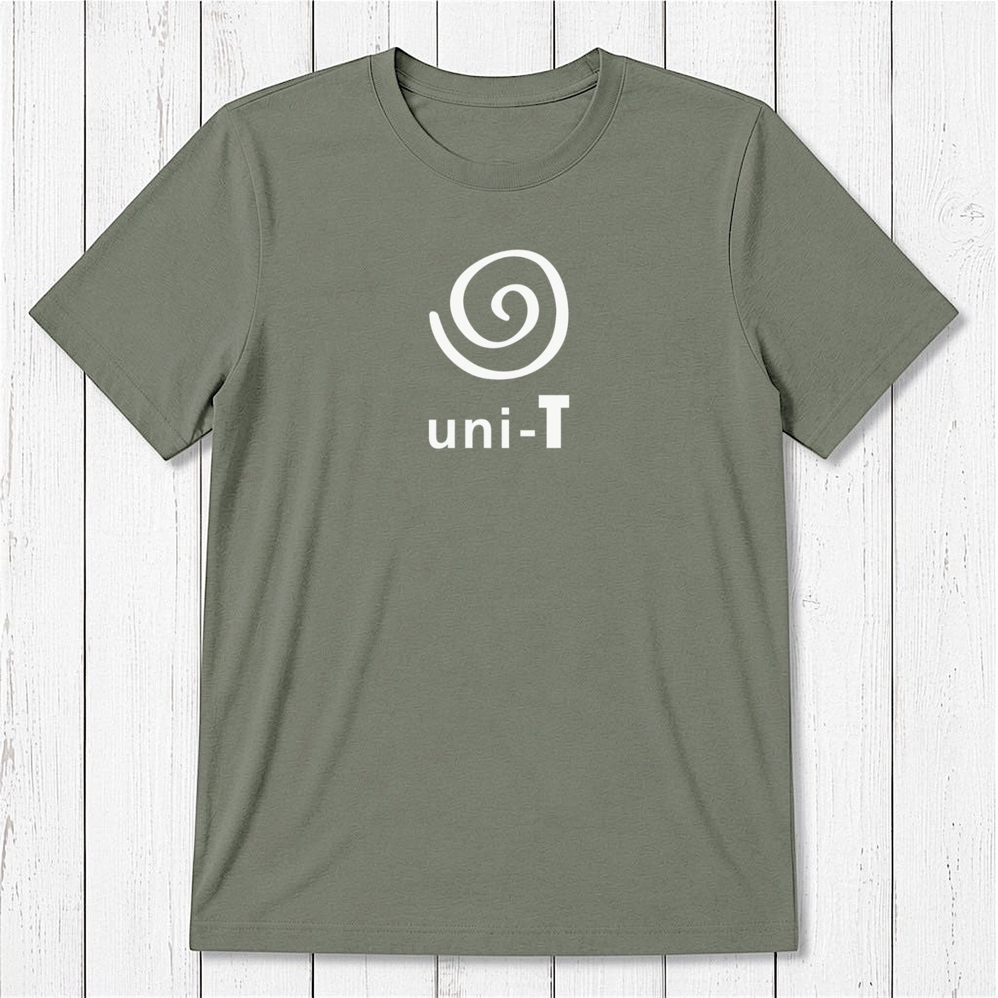 Olive green Men's Uni-T Logo T-Shirt in bamboo and organic cotton, white spiral unity design, eco-friendly casual statement tee.