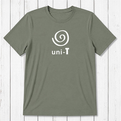 Olive green Men's Uni-T Logo T-Shirt in bamboo and organic cotton, white spiral unity design, eco-friendly casual statement tee.