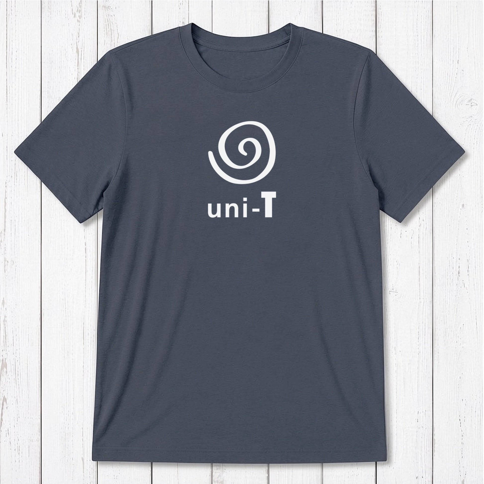 Navy Men's Uni-T Logo T-Shirt with white spiral unity print, made from bamboo and organic cotton, sustainable classic fit for men.