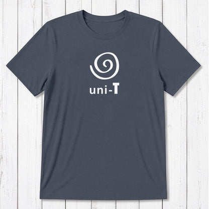 Navy Men's Uni-T Logo T-Shirt with white spiral unity print, made from bamboo and organic cotton, sustainable classic fit for men.