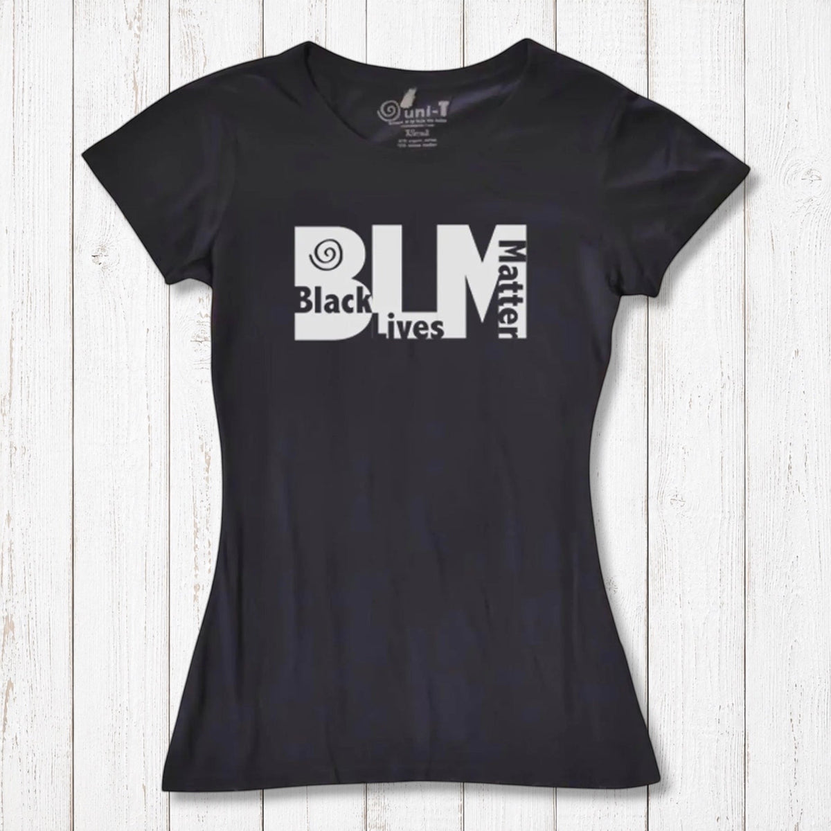 Women's Black Lives Matter T-Shirt in black bamboo and organic cotton with bold BLM graphic. Eco-friendly activist tee by Uni-T.