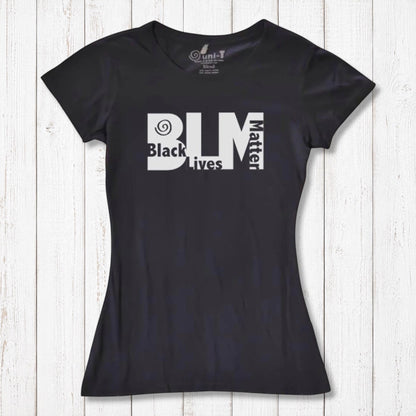 Women's Black Lives Matter T-Shirt in black bamboo and organic cotton with bold BLM graphic. Eco-friendly activist tee by Uni-T.