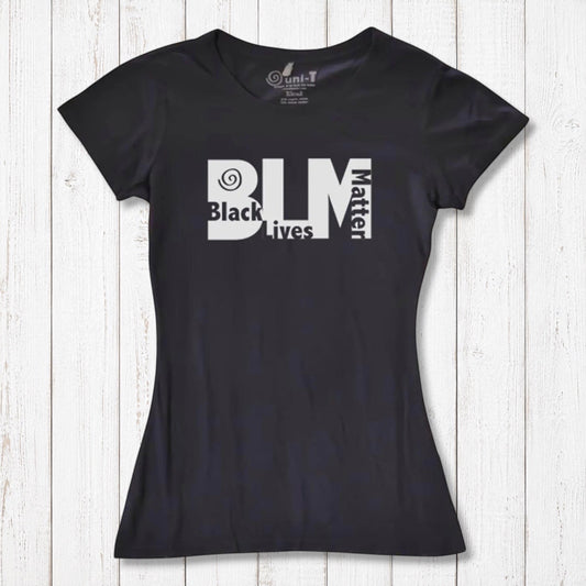 Women's Black Lives Matter T-Shirt in black bamboo and organic cotton with bold BLM graphic. Eco-friendly activist tee by Uni-T.