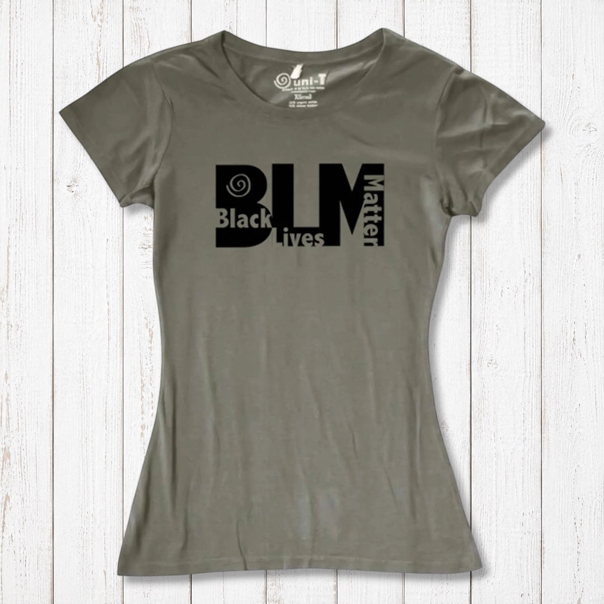 Olive green Women's BLM T-Shirt in bamboo and organic cotton. Sustainable graphic tee supporting equality and social justice.