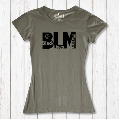 Olive green Women's BLM T-Shirt in bamboo and organic cotton. Sustainable graphic tee supporting equality and social justice.