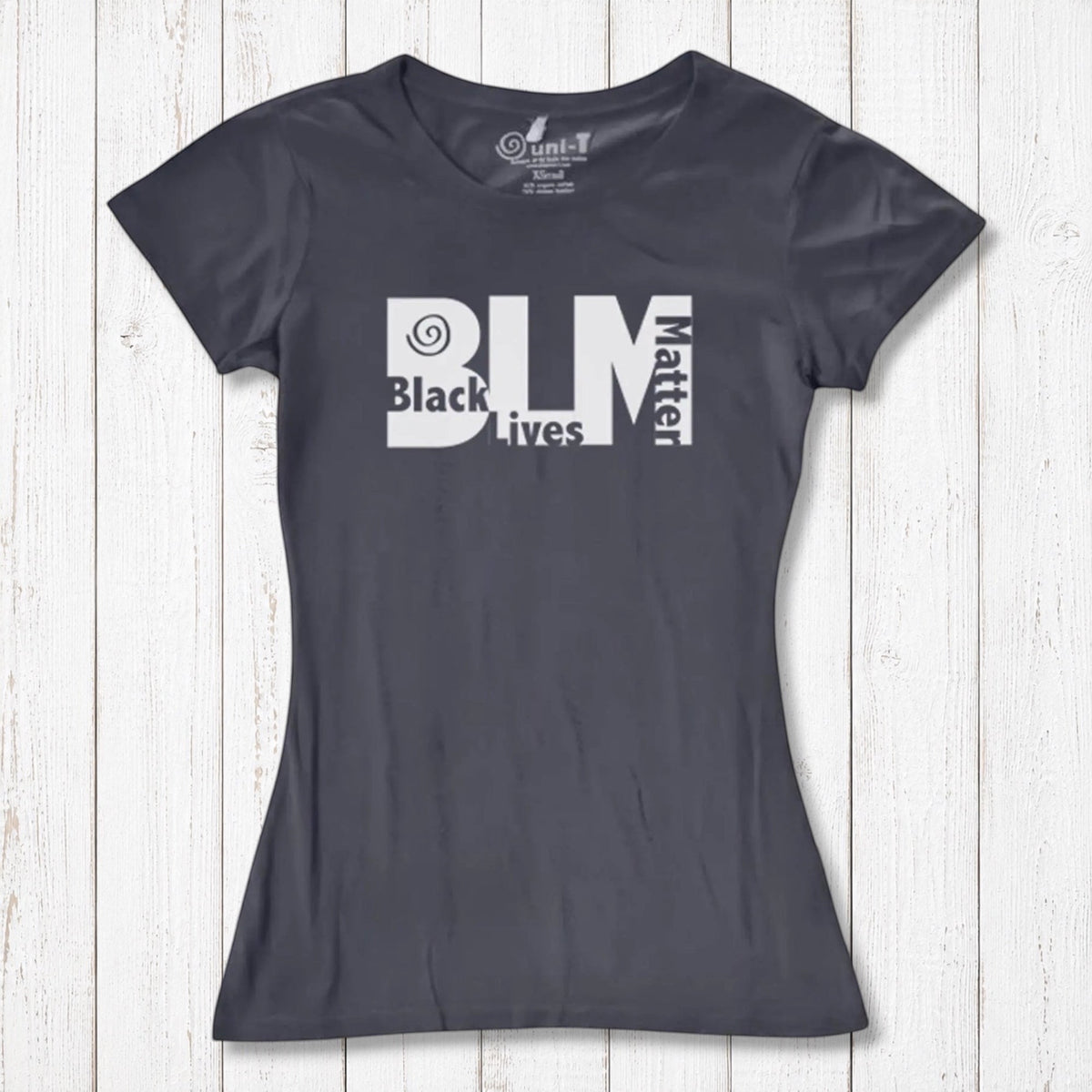 Charcoal gray Women's BLM T-Shirt in bamboo and organic cotton. Ethical fashion tee promoting social justice by Uni-T.