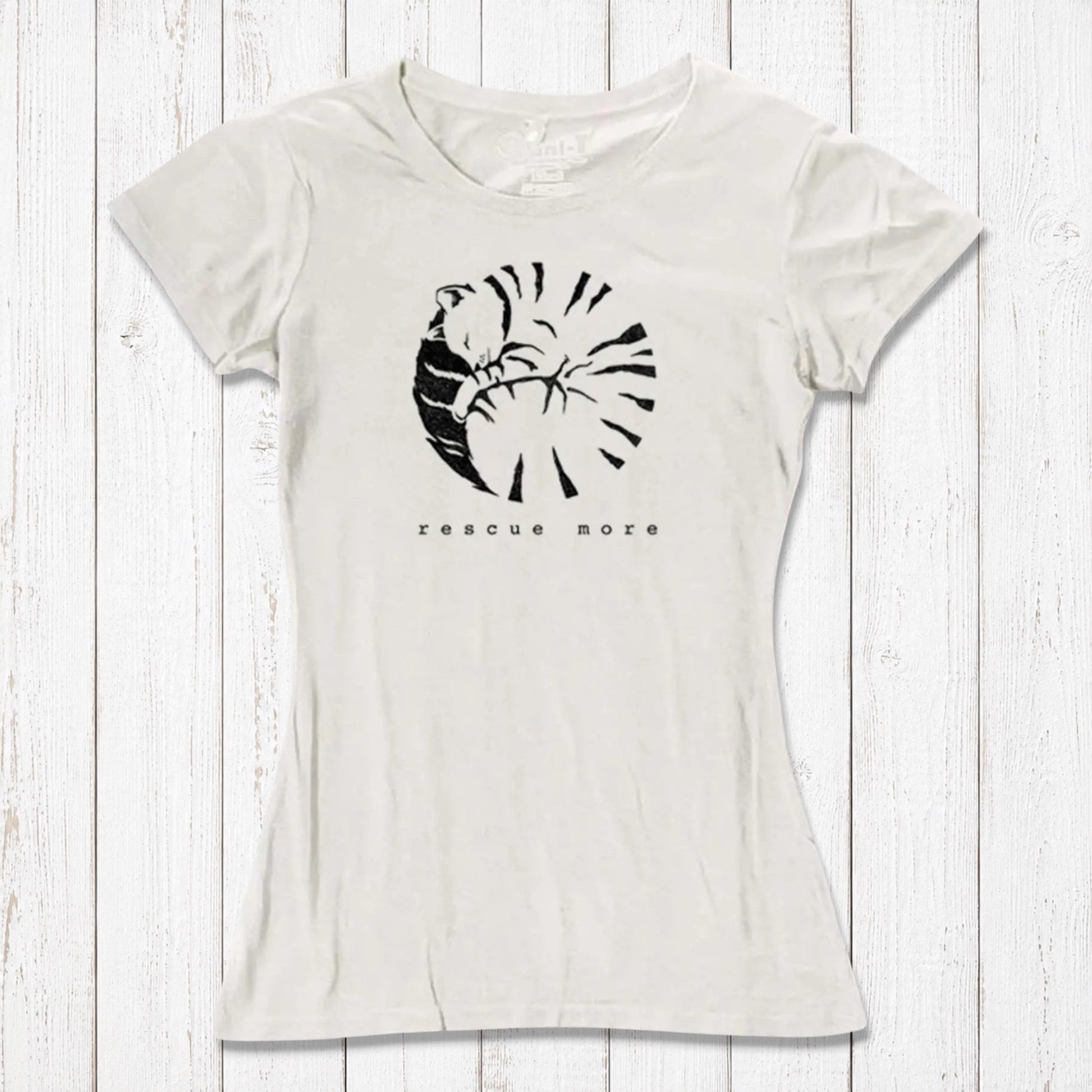 Sustainable white women's cat t-shirt made from bamboo and organic cotton featuring 'Rescue More' graphic. Ideal for eco-conscious pet lovers.