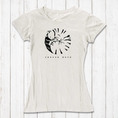 Sustainable white women's cat t-shirt made from bamboo and organic cotton featuring 'Rescue More' graphic. Ideal for eco-conscious pet lovers.