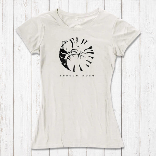 Sustainable white women's cat t-shirt made from bamboo and organic cotton featuring 'Rescue More' graphic. Ideal for eco-conscious pet lovers.
