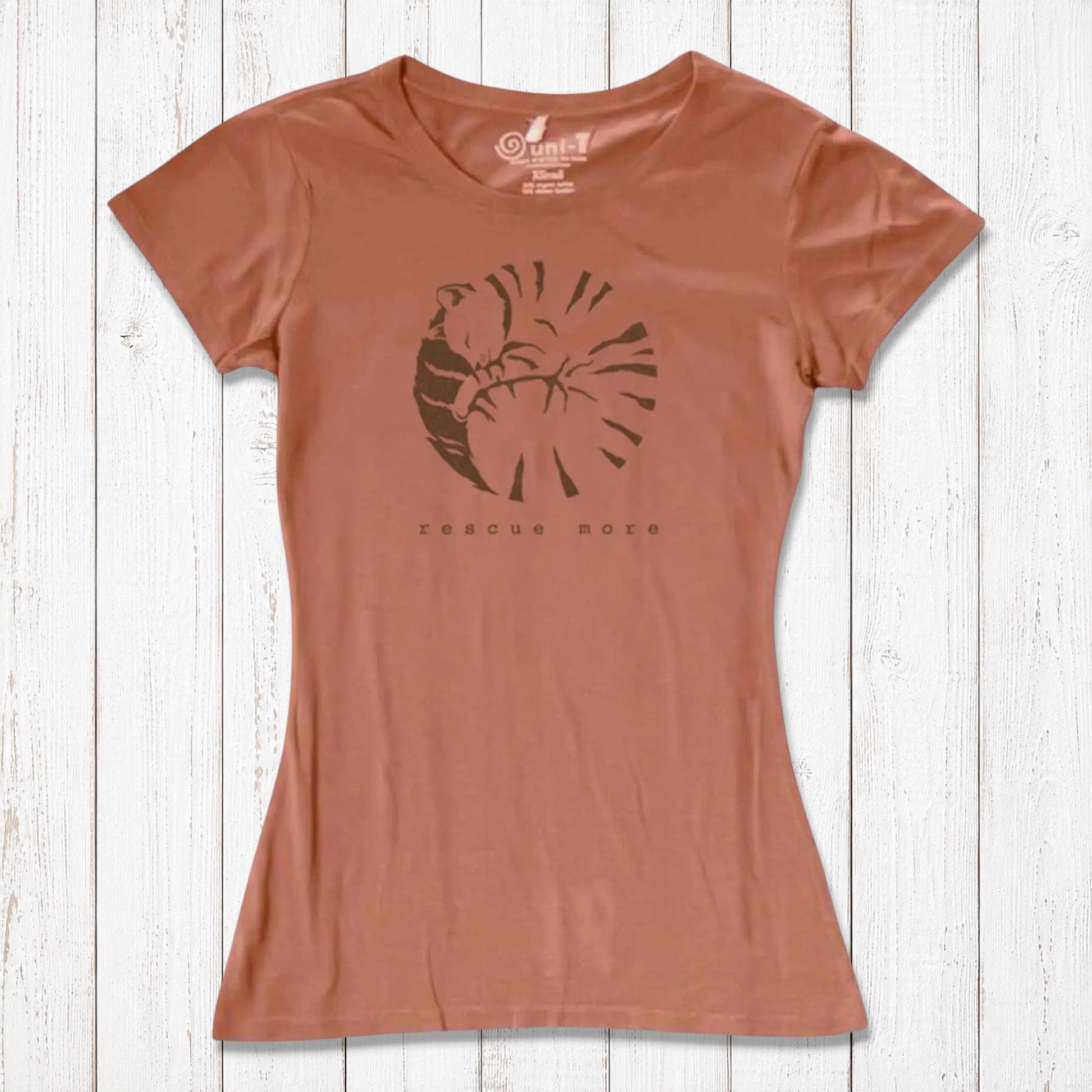 Rust-colored women's bamboo and organic cotton cat t-shirt with 'Rescue More' print. Soft, eco-friendly tee for animal lovers.