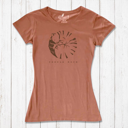 Rust-colored women's bamboo and organic cotton cat t-shirt with 'Rescue More' print. Soft, eco-friendly tee for animal lovers.