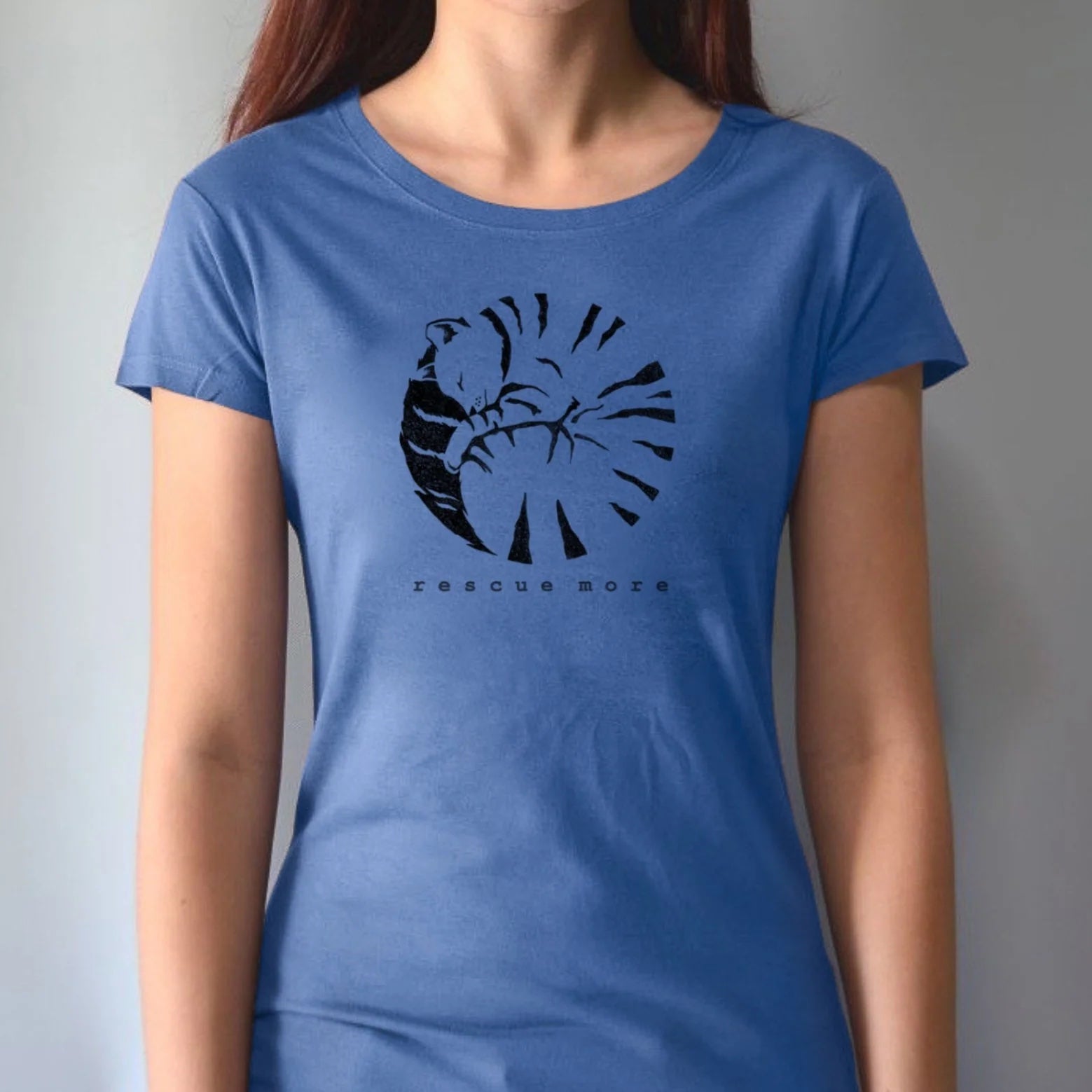 Blue women's cat graphic t-shirt in bamboo and organic cotton with 'Rescue More' message. Sustainable fashion for pet enthusiasts.