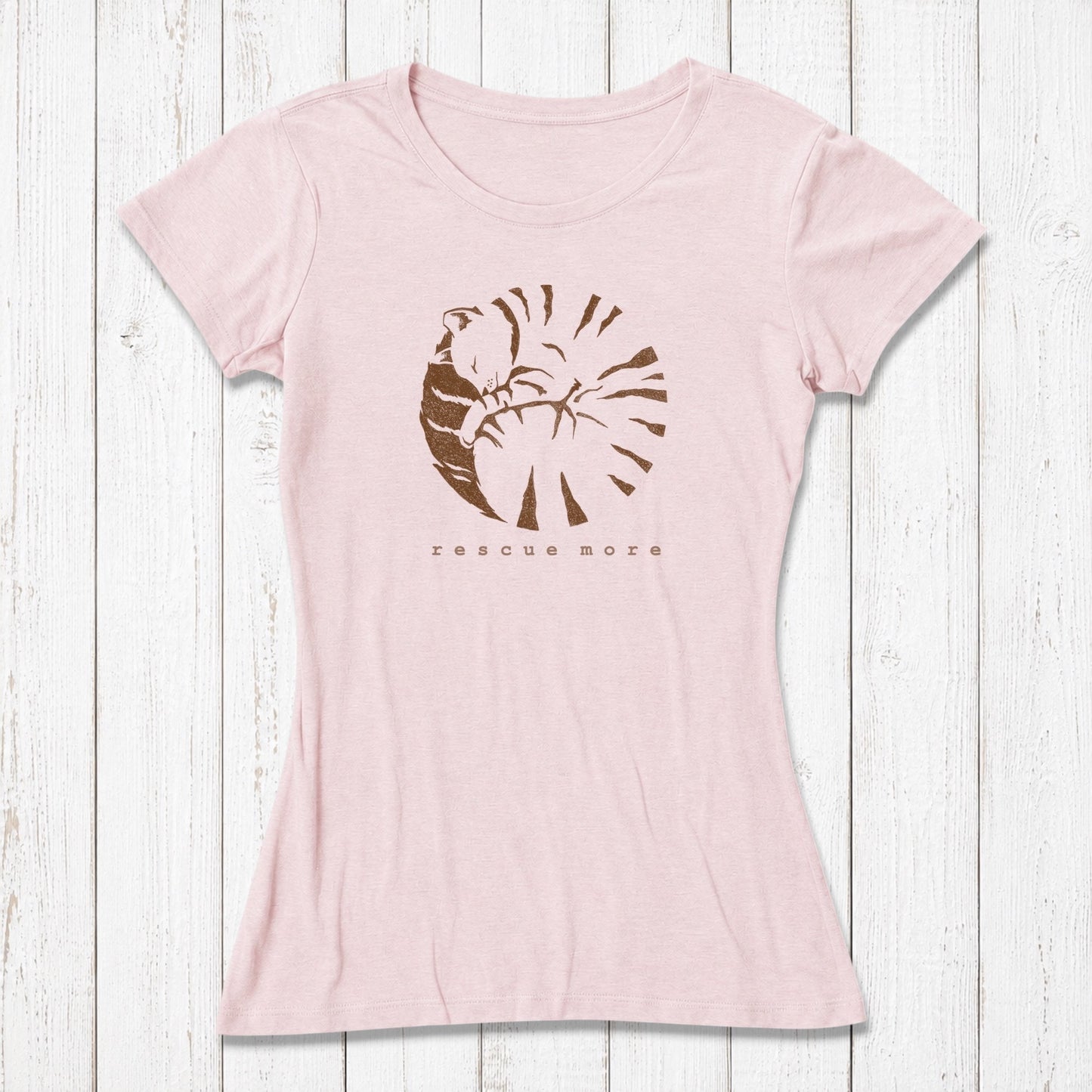 Pink bamboo and organic cotton women's cat t-shirt with 'Rescue More' design. Eco-conscious gift for cat lovers.