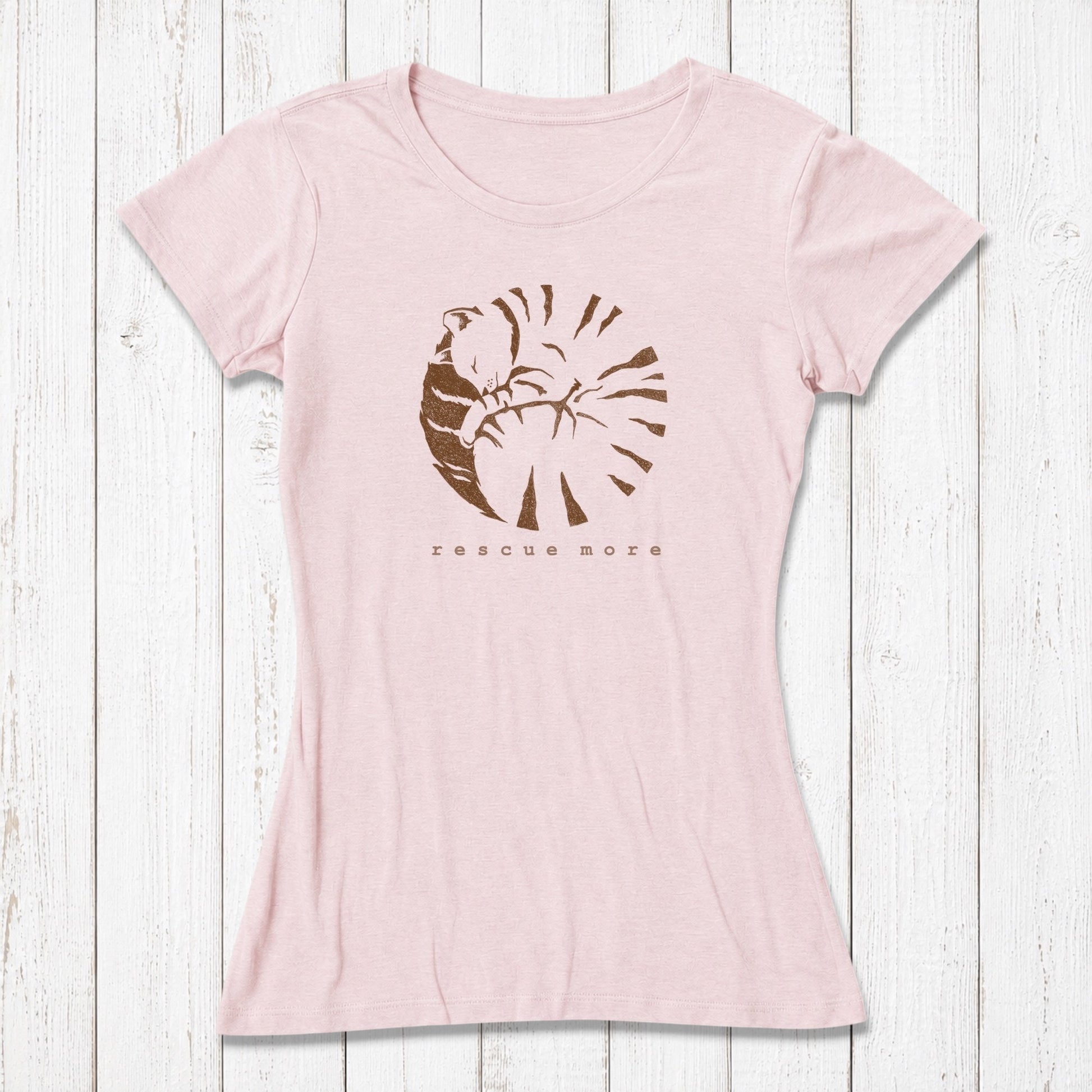 Pink bamboo and organic cotton women's cat t-shirt with 'Rescue More' design. Eco-conscious gift for cat lovers.
