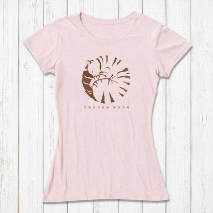 Pink bamboo and organic cotton women's cat t-shirt with 'Rescue More' design. Eco-conscious gift for cat lovers.