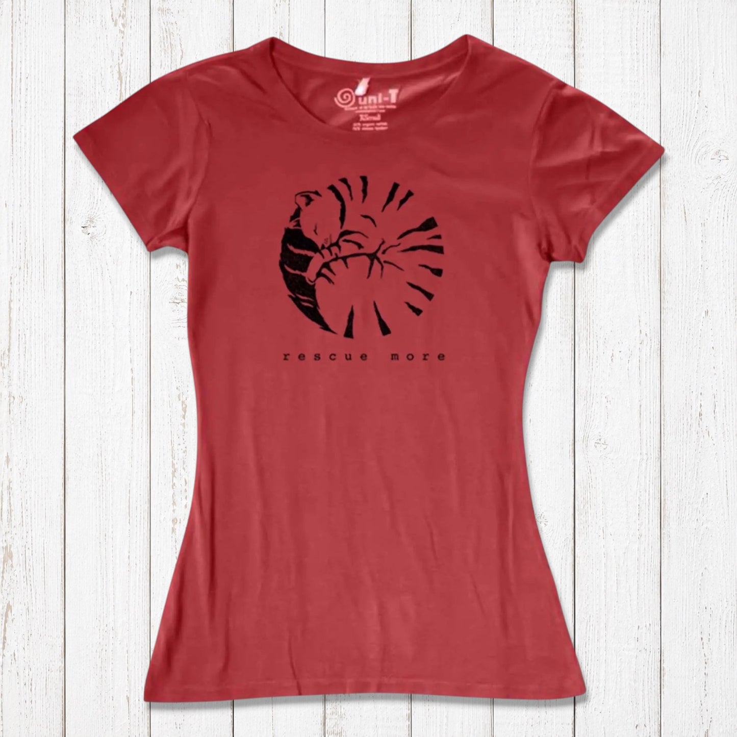 Red women's cat t-shirt in bamboo and organic cotton with 'Rescue More' print. Sustainable and stylish for animal advocates.