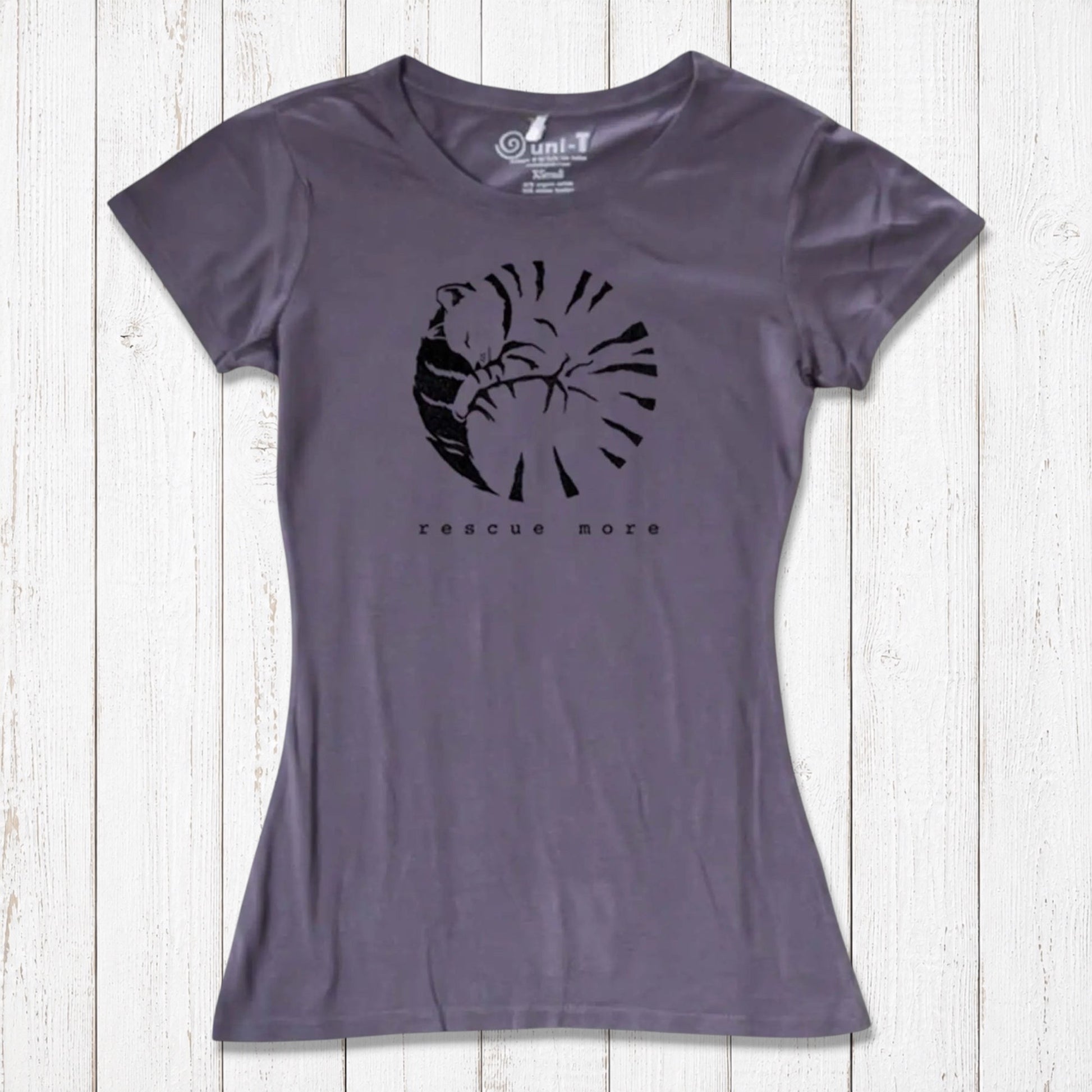 Purple women's bamboo and organic cotton cat t-shirt with 'Rescue More' graphic. Eco-friendly apparel for pet lovers.