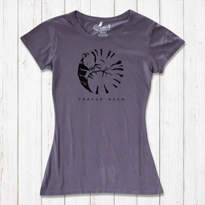Purple women's bamboo and organic cotton cat t-shirt with 'Rescue More' graphic. Eco-friendly apparel for pet lovers.