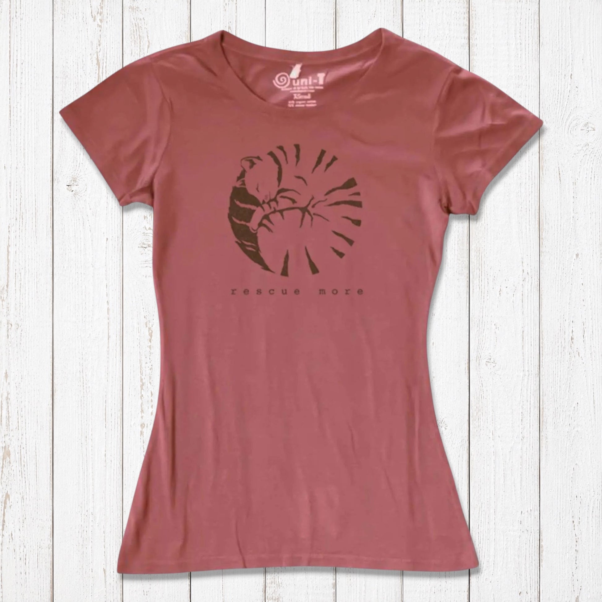 Terracotta bamboo and organic cotton women's cat t-shirt with 'Rescue More' design. Sustainable tee for cat enthusiasts.