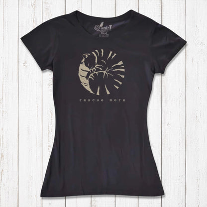 Black women's cat t-shirt in bamboo and organic cotton with beige 'Rescue More' print. Eco-conscious fashion for animal lovers.